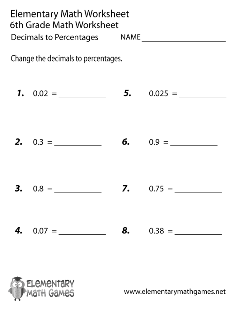 Free Printable Decimals To Percentages Worksheet For Sixth Grade