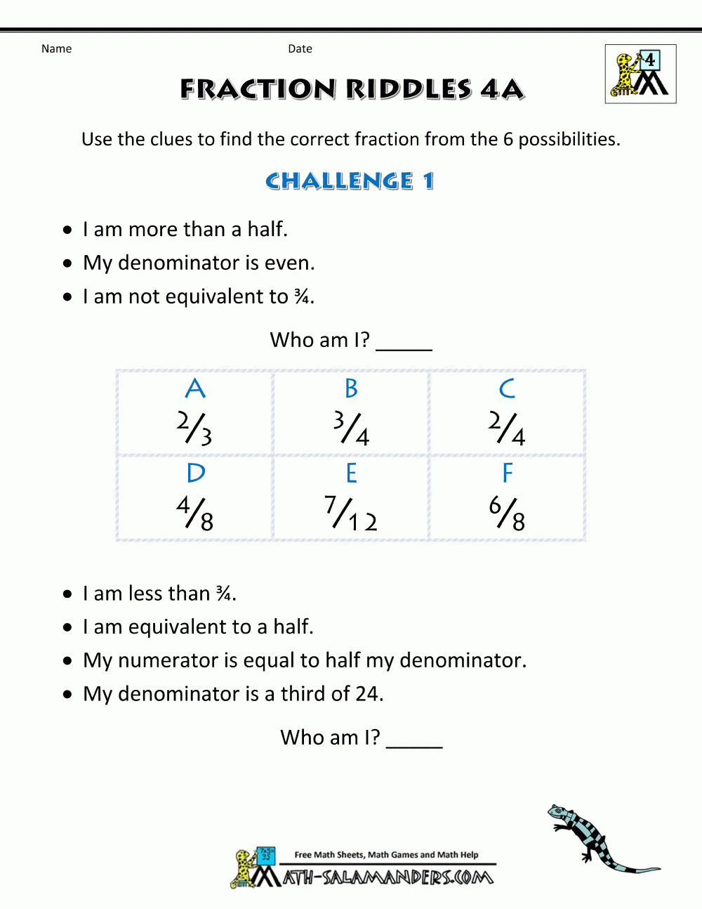 Free Printable Fraction Worksheets Fraction Riddles harder 