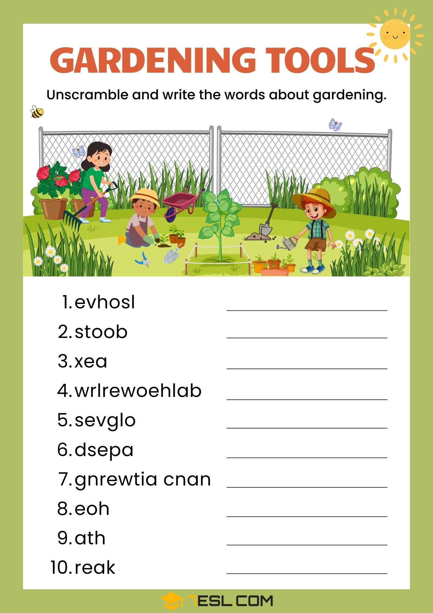 Free Printable Gardening Tools Worksheet For Kids 7ESL