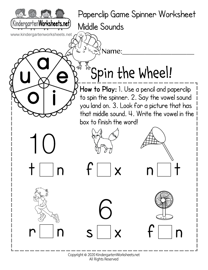 Free Printable Middle Sounds Paperclip Game Spinner Worksheet