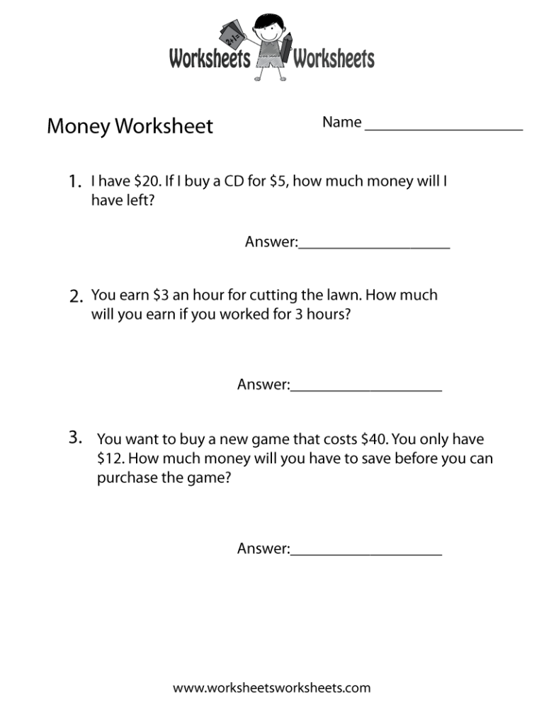 Free Printable Money Word Problems Worksheet