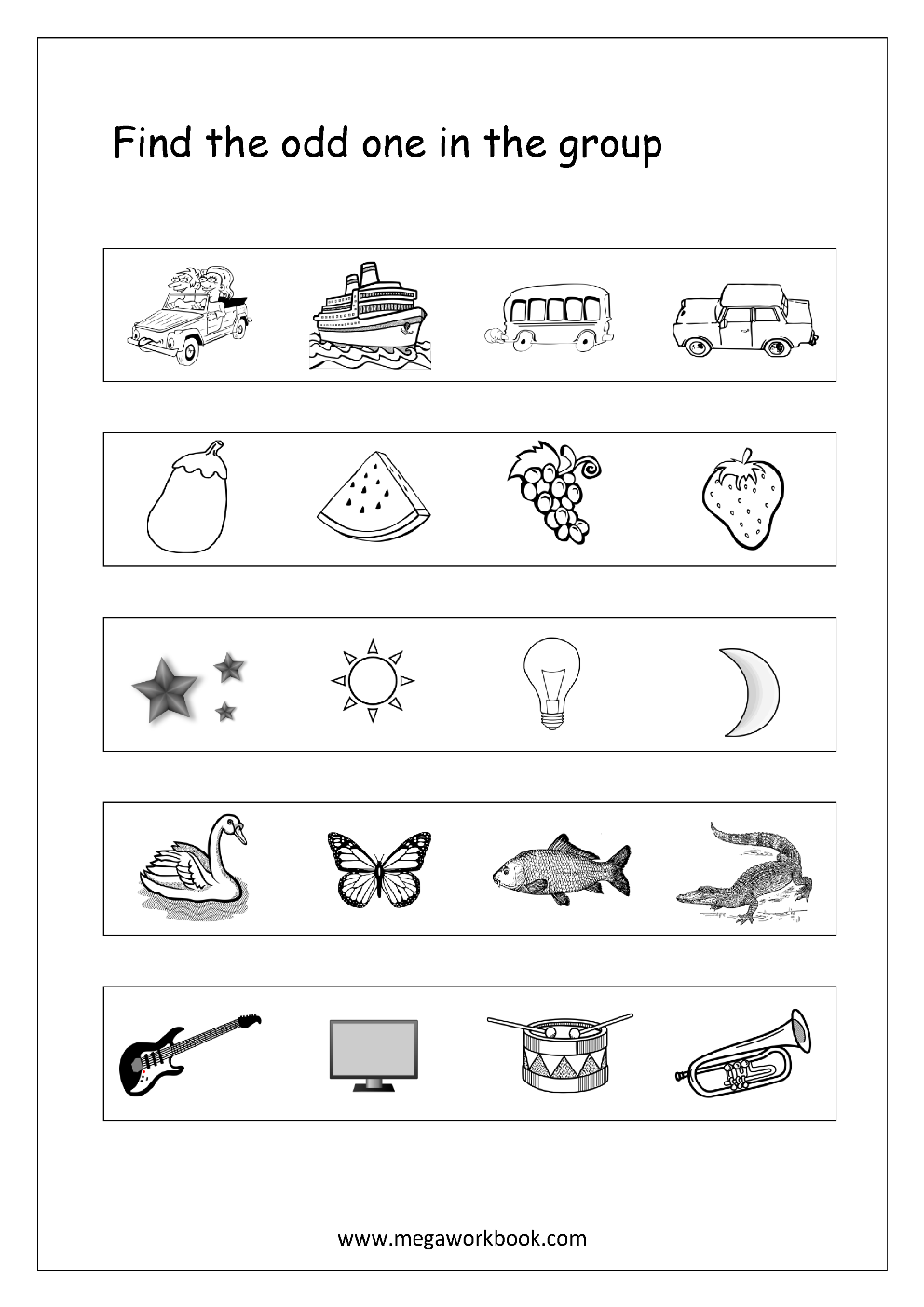 Free Printable Odd One Out Worksheets Logical Thinking Aptitude Worksheets For Kindergarten Preschool MegaWorkbook Free Printable Odd One Out Worksheets Logical Thinking Aptitude Worksheets For Kindergarten Preschool MegaWorkbook