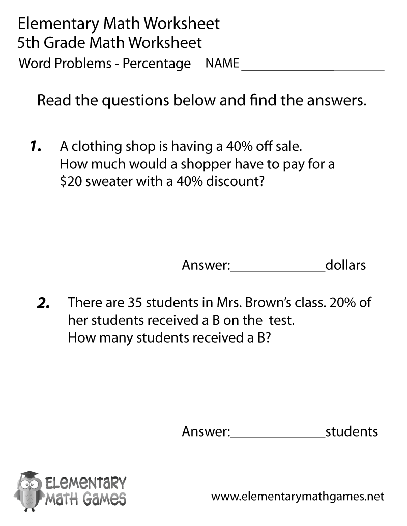 Free Printable Percentage Word Problems Worksheet For Fifth Grade Free Printable Percentage Word Problems Worksheet For Fifth Grade
