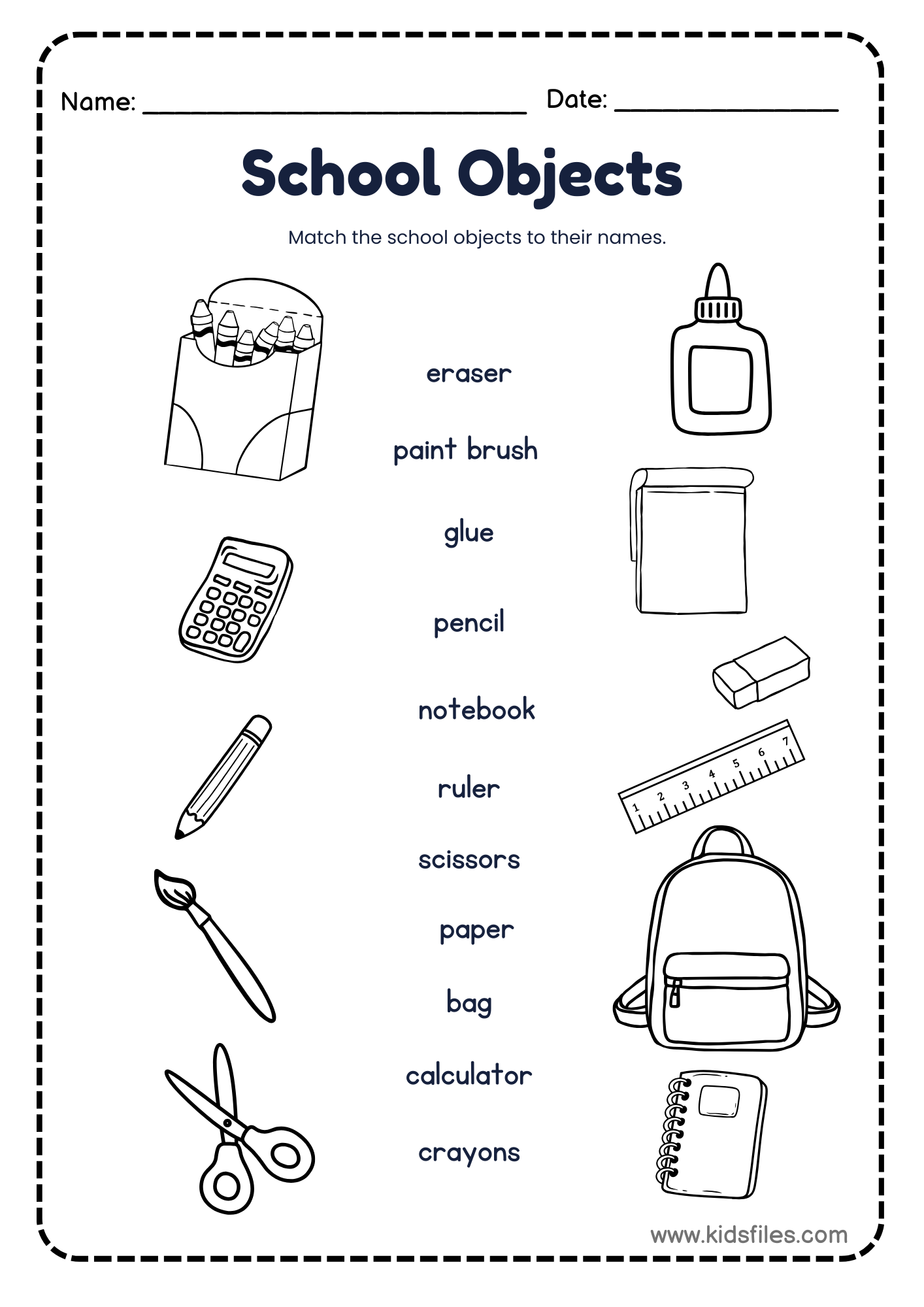 Free Printable School Objects Matching Worksheet For Little Learners Kids Files
