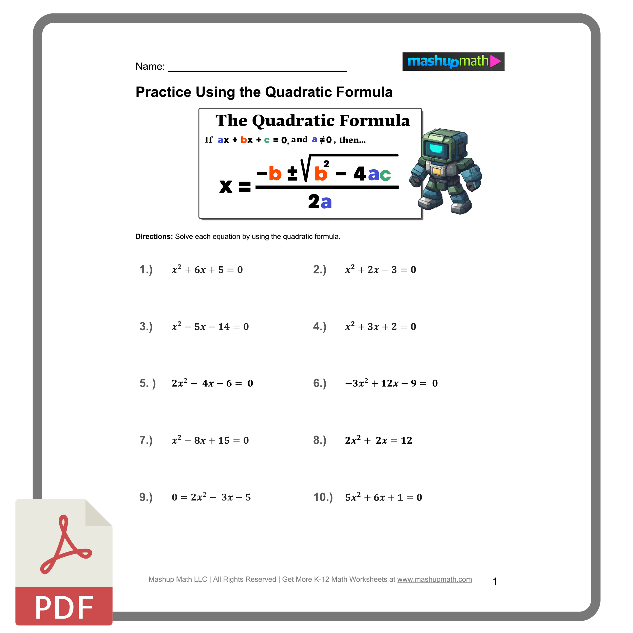 Free Quadratic Formula Worksheets Printable With Answers Mashup Math