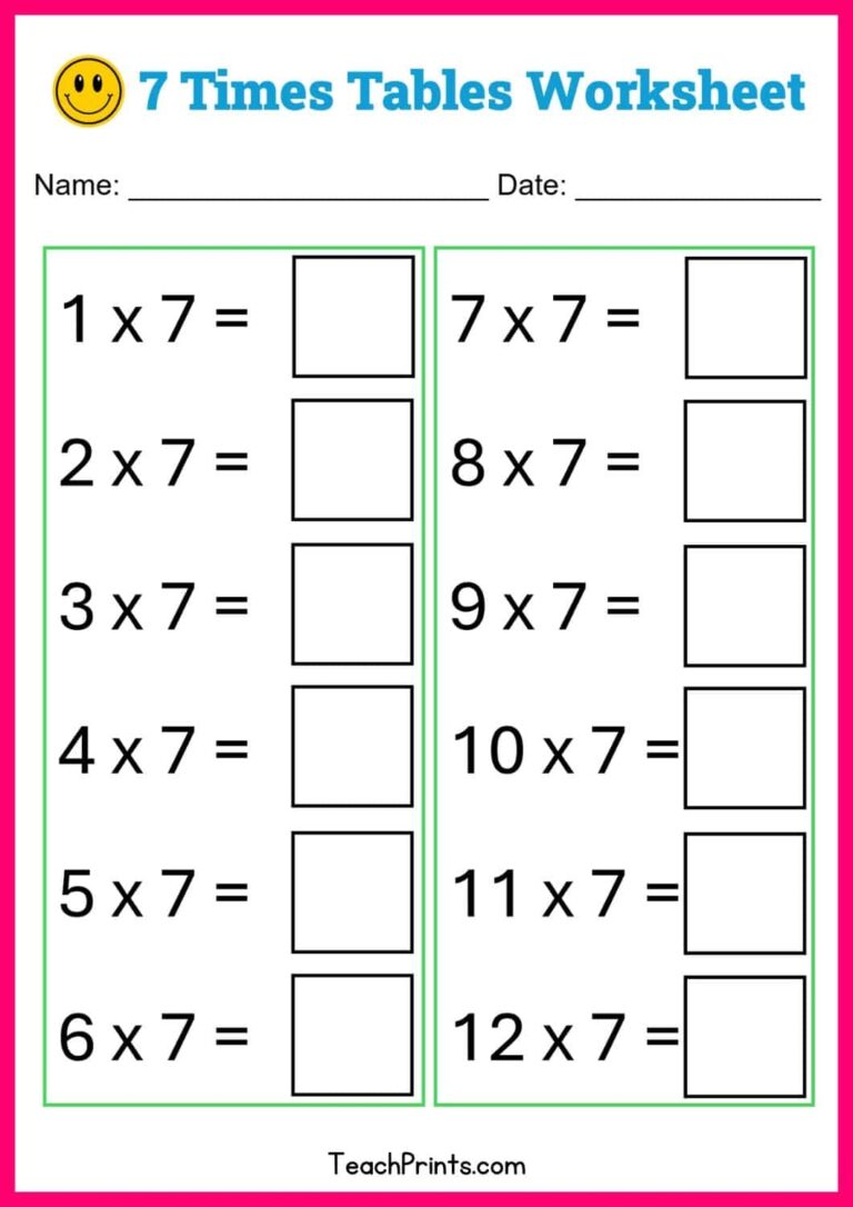 Free Seven Times Tables Worksheets 8 Versions Teach Prints