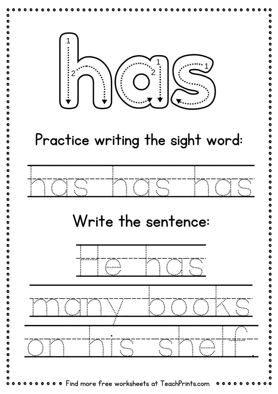 Free Sight Word Has Worksheets Teach Prints