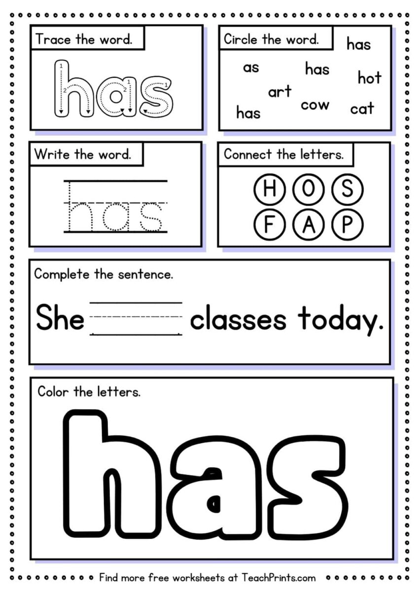 Free Sight Word Has Worksheets Teach Prints