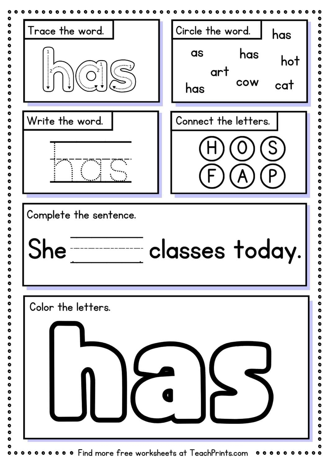 Free Sight Word Has Worksheets Teach Prints