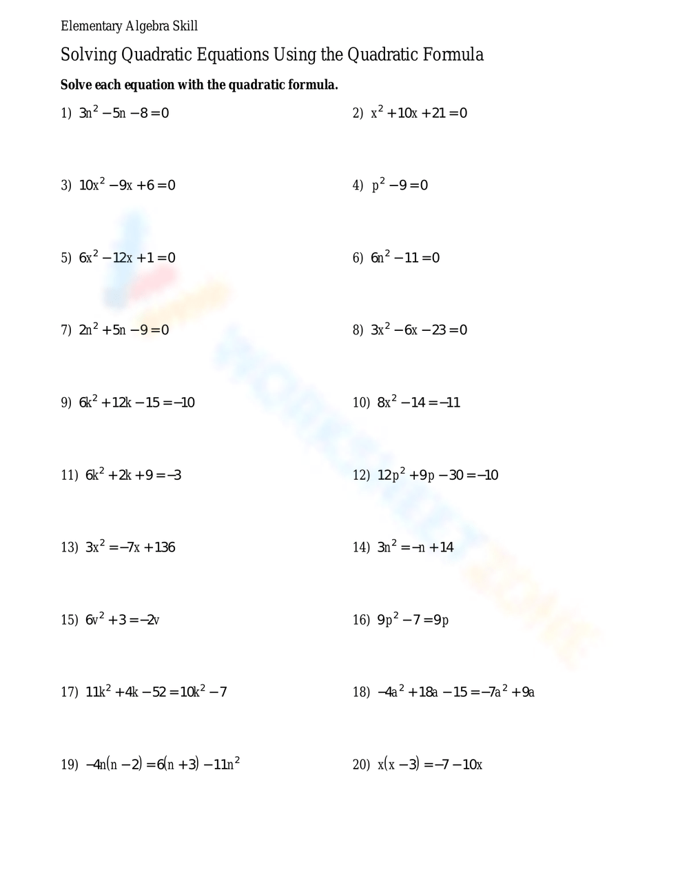 Free Solving Quadratic Equations By Formula Worksheet Download Free Solving Quadratic Equations By Formula Worksheet Png Images Free Worksheets On Clipart Library