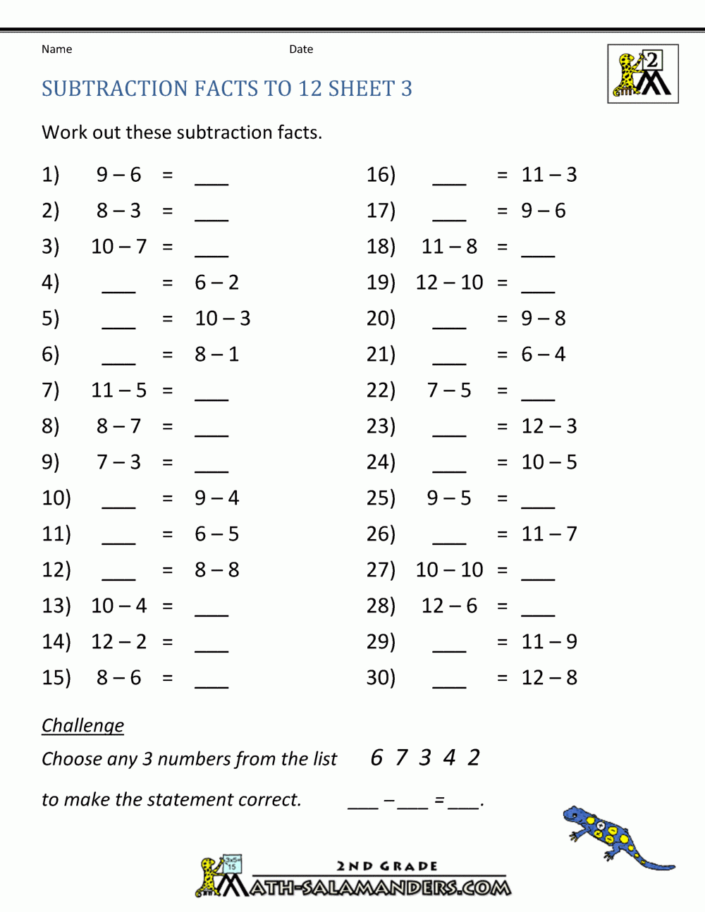 Free Subtraction Worksheets To 12 Free Subtraction Worksheets To 12