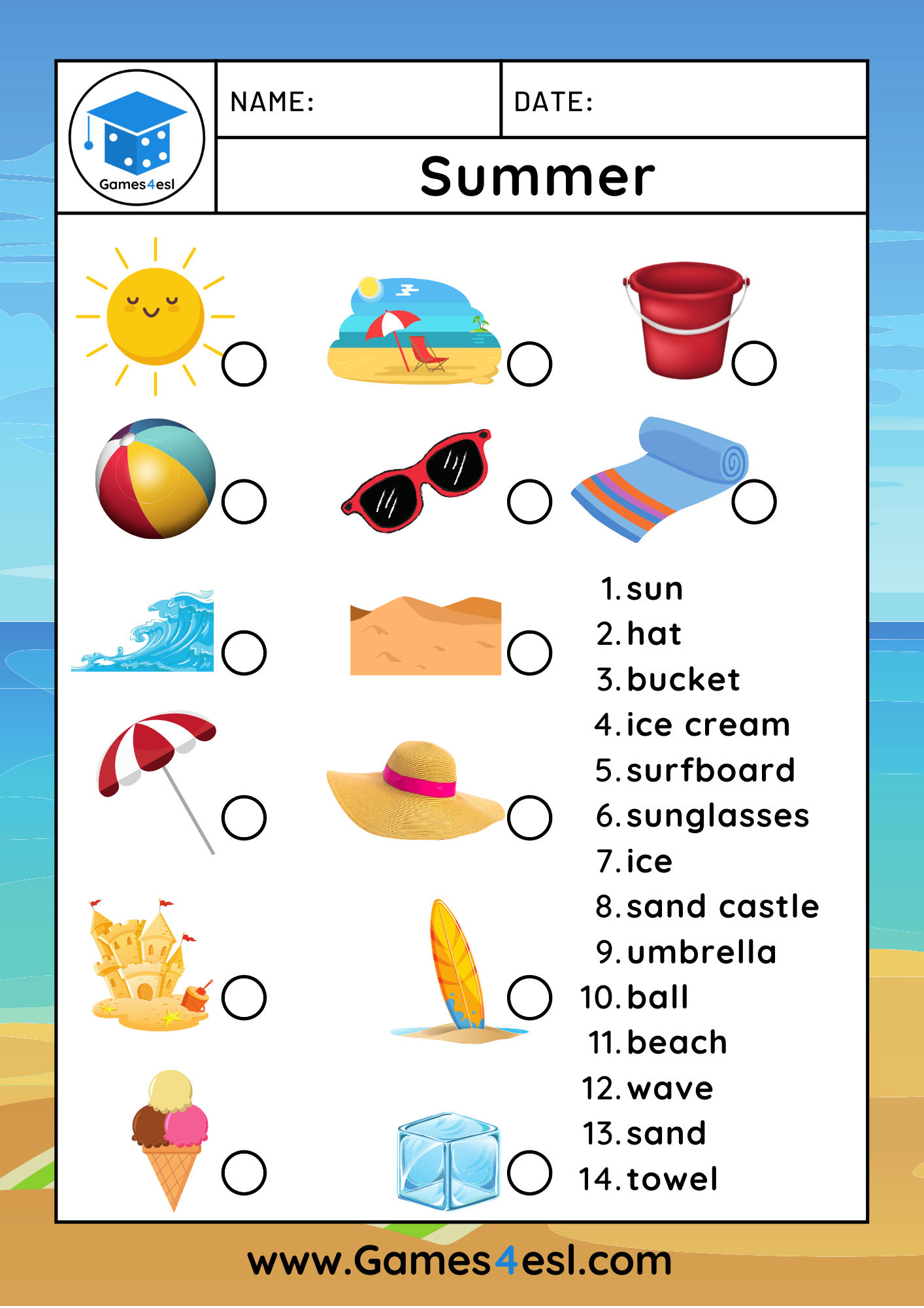 Free Summer Worksheets For Kids Games4esl