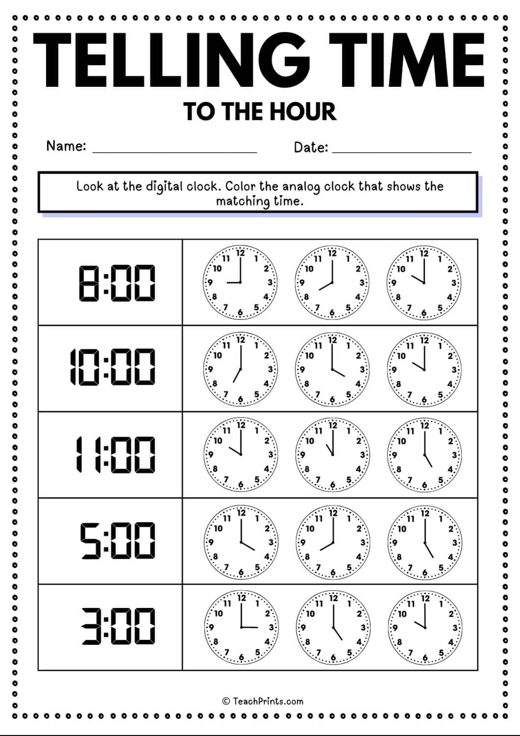 Free Printable Clock Worksheet