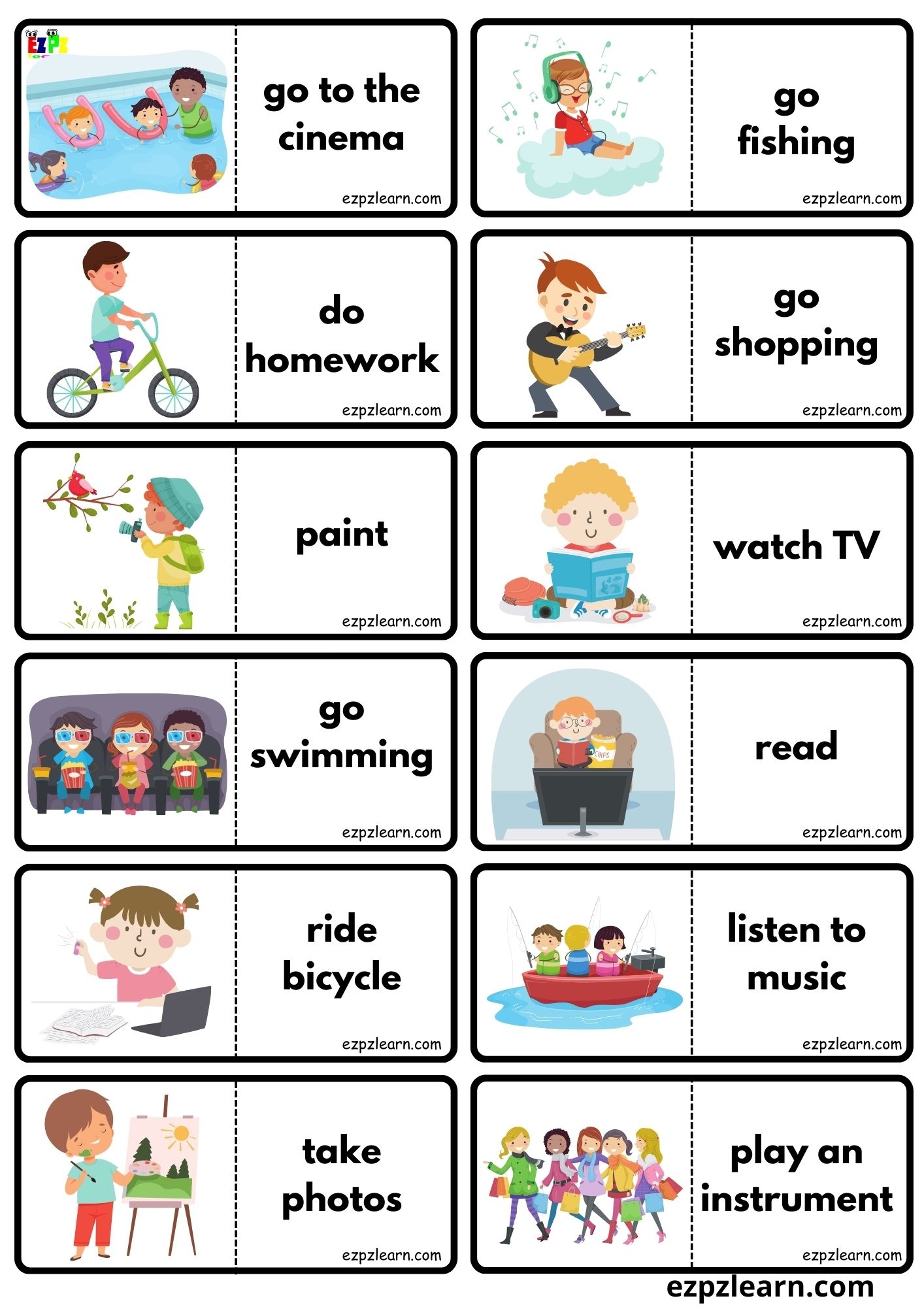 Free Time Activities And Hobbies Vocabulary Dominoes Matching Game For Kids And English Language Learners Free PDF Download Ezpzlearn