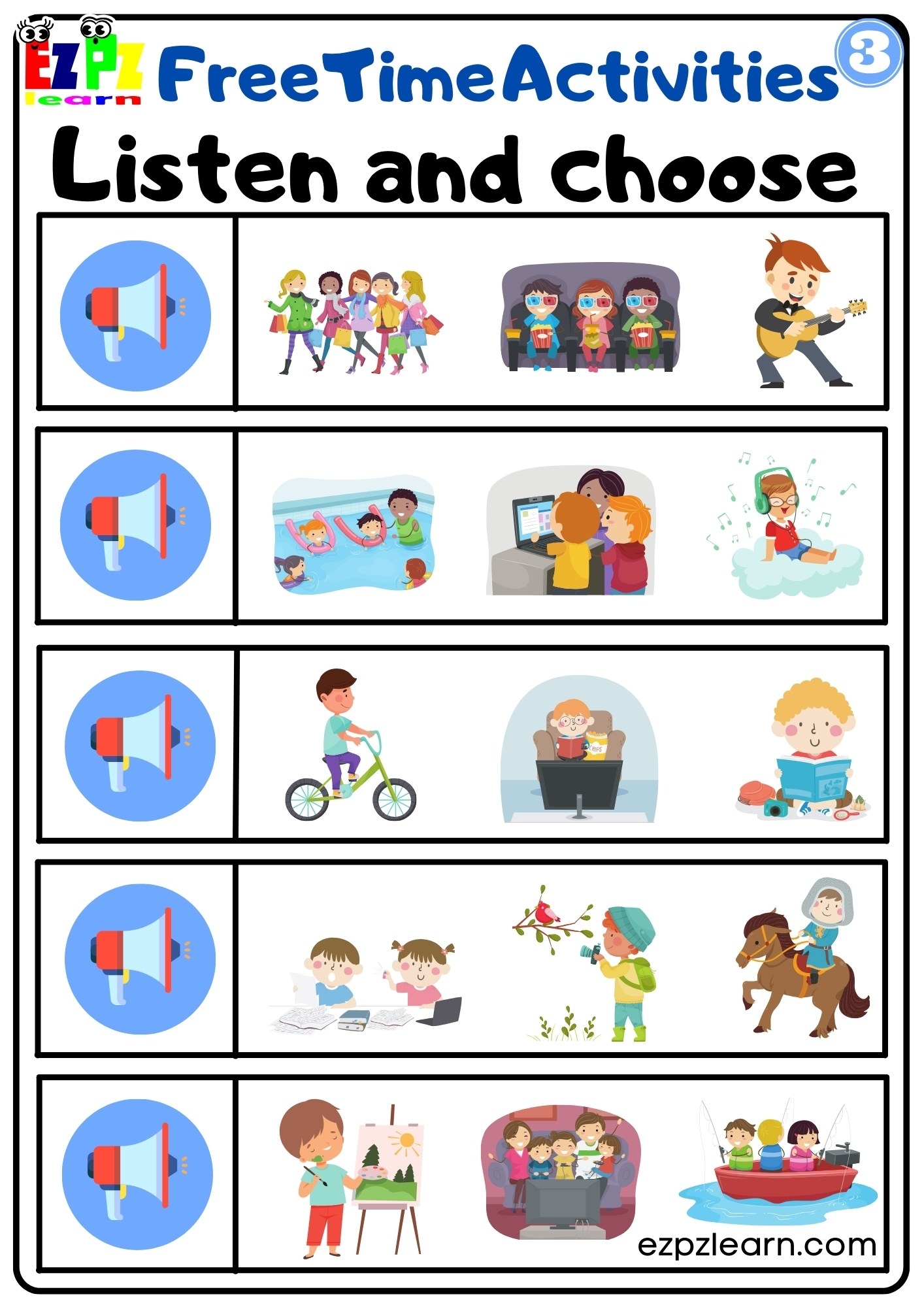 Free Time Activities Interactive Worksheet Listen And Choose The Correct Images Activity For Kids And ESL Students Group 3 Ezpzlearn
