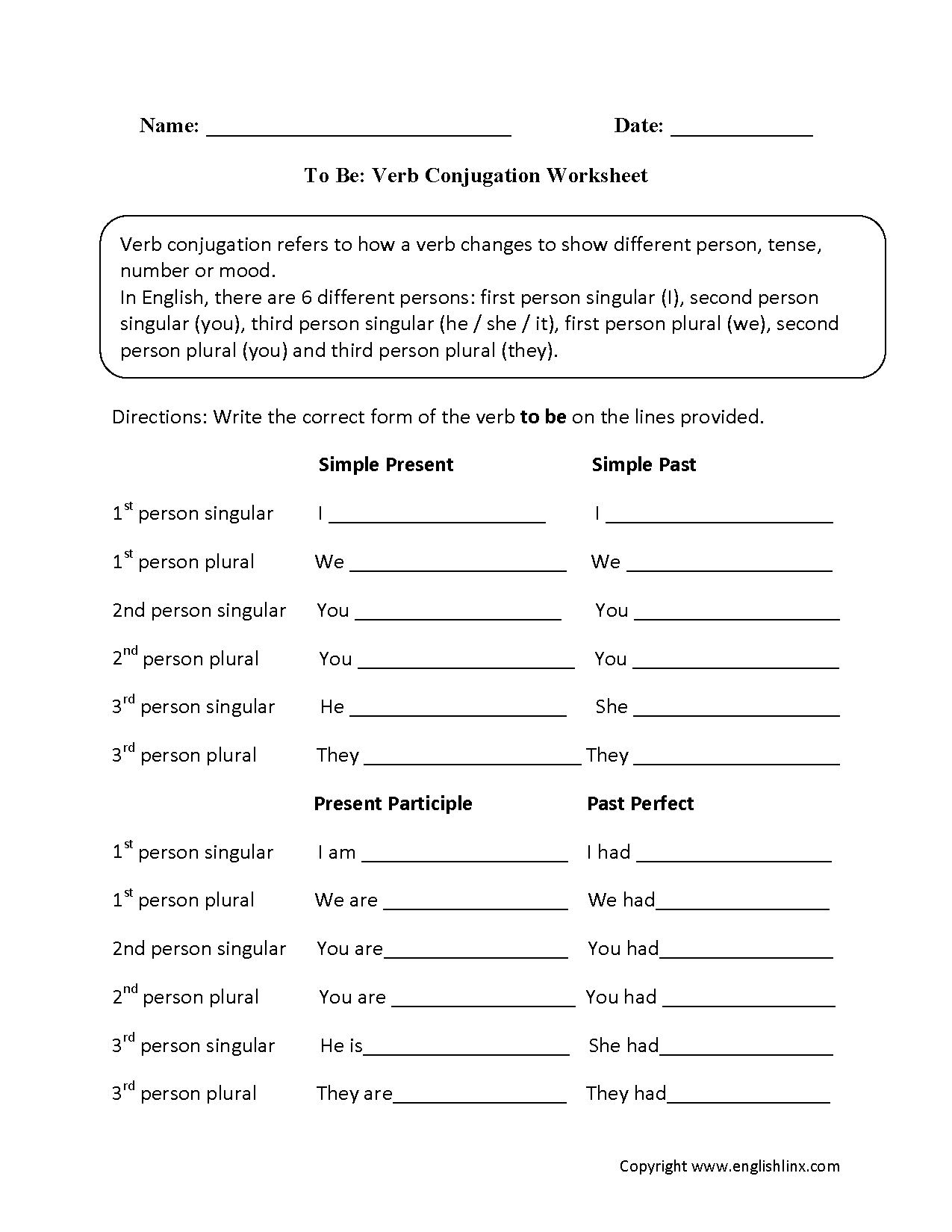 Free Verbs Worksheets Printable Action Linking Irregular Verb Practice