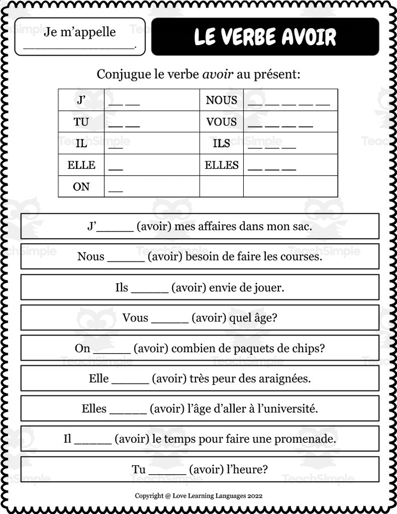 French Verb Avoir Present Tense Worksheets By Teach Simple