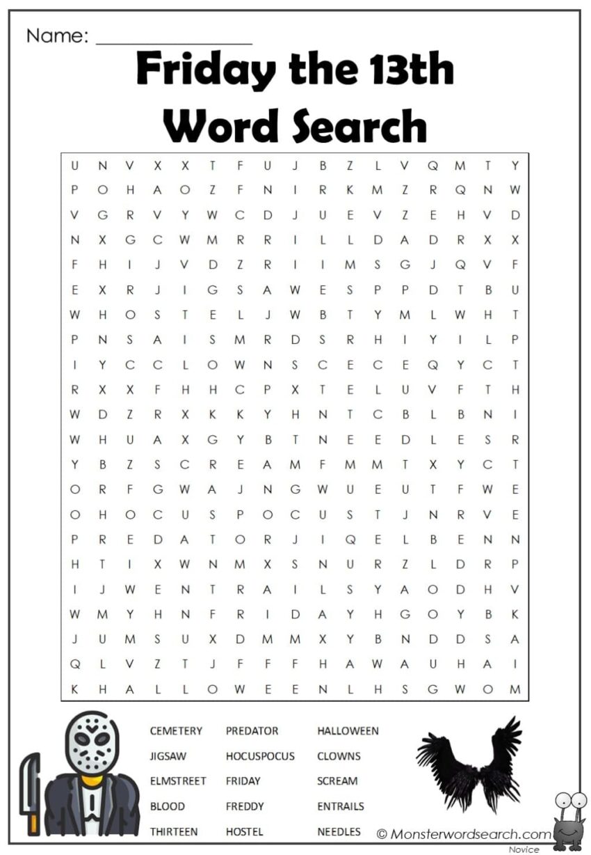 Friday The 13th Word Search Monster Word Search