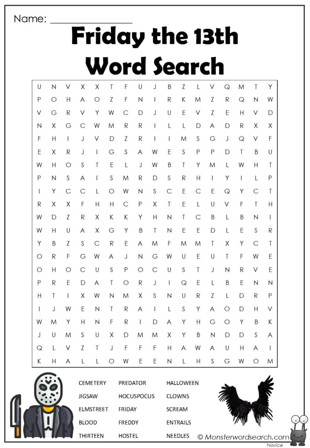 Friday The 13th Word Search Monster Word Search