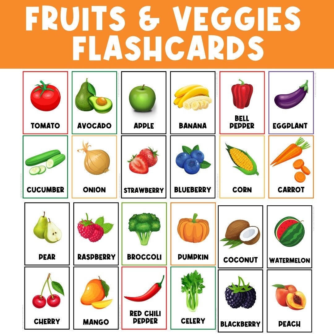 FRUITS U0026 VEGETABLES FLASHCARDS Preschool Flash Cards Real 