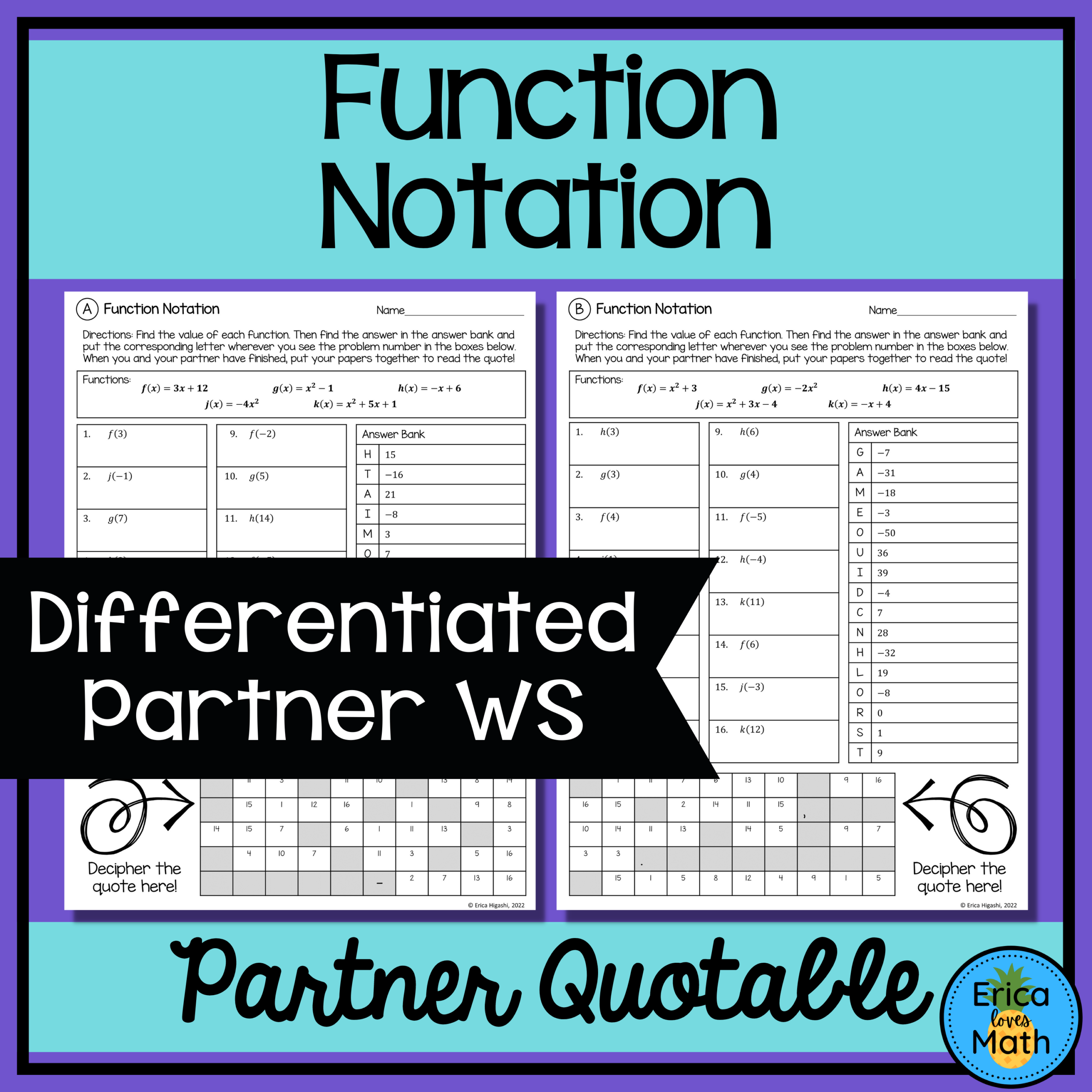 Function Notation Differentiated Partner Worksheets Quotable Function Notation Differentiated Partner Worksheets Quotable