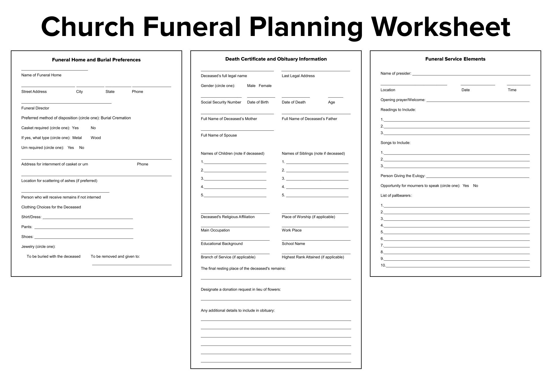 Printable Funeral Planning Worksheet