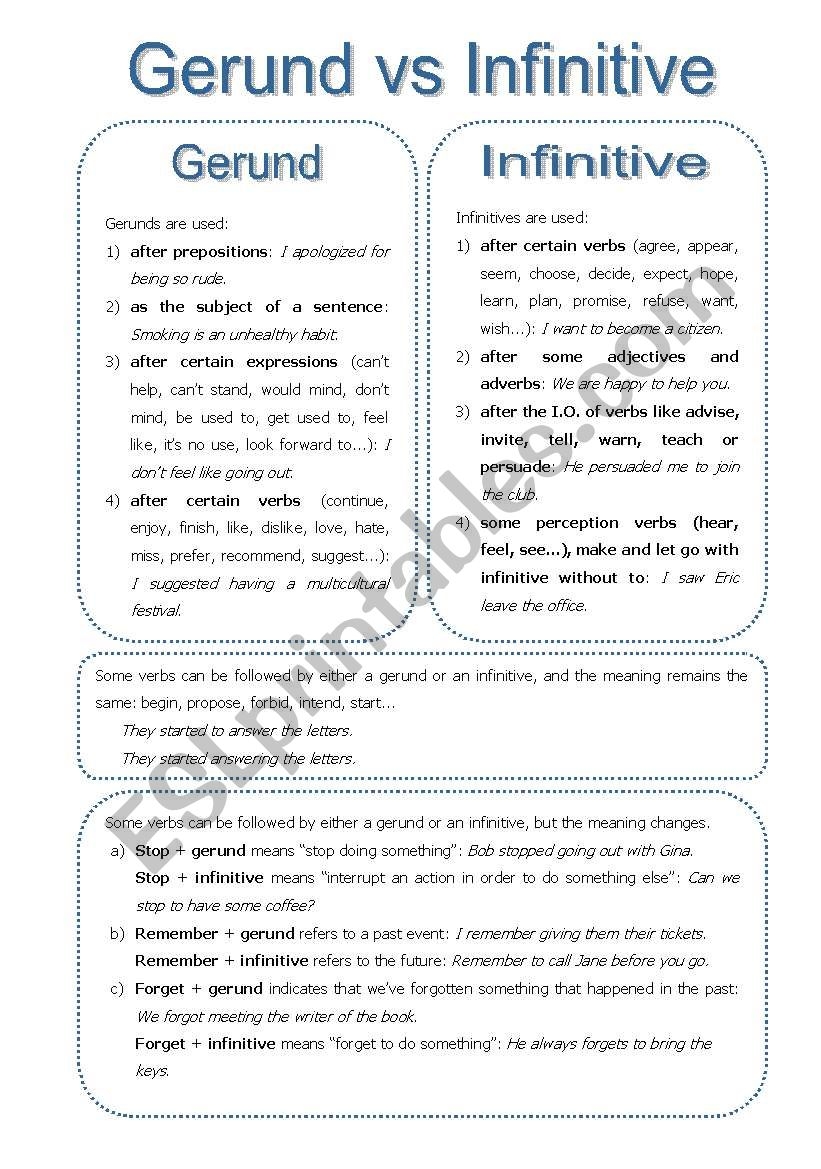 Gerunds And Infinitives ESL Worksheet By Nessita77