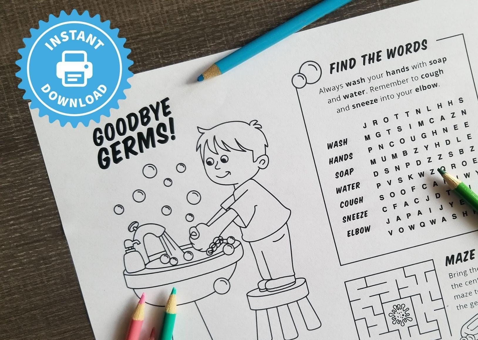 Goodbye Germs PRINTABLE Activity Sheet Hand Washing Coloring Page Word Search Maze Back To School Etsy Goodbye Germs PRINTABLE Activity Sheet Hand Washing Coloring Page Word Search Maze Back To School Etsy
