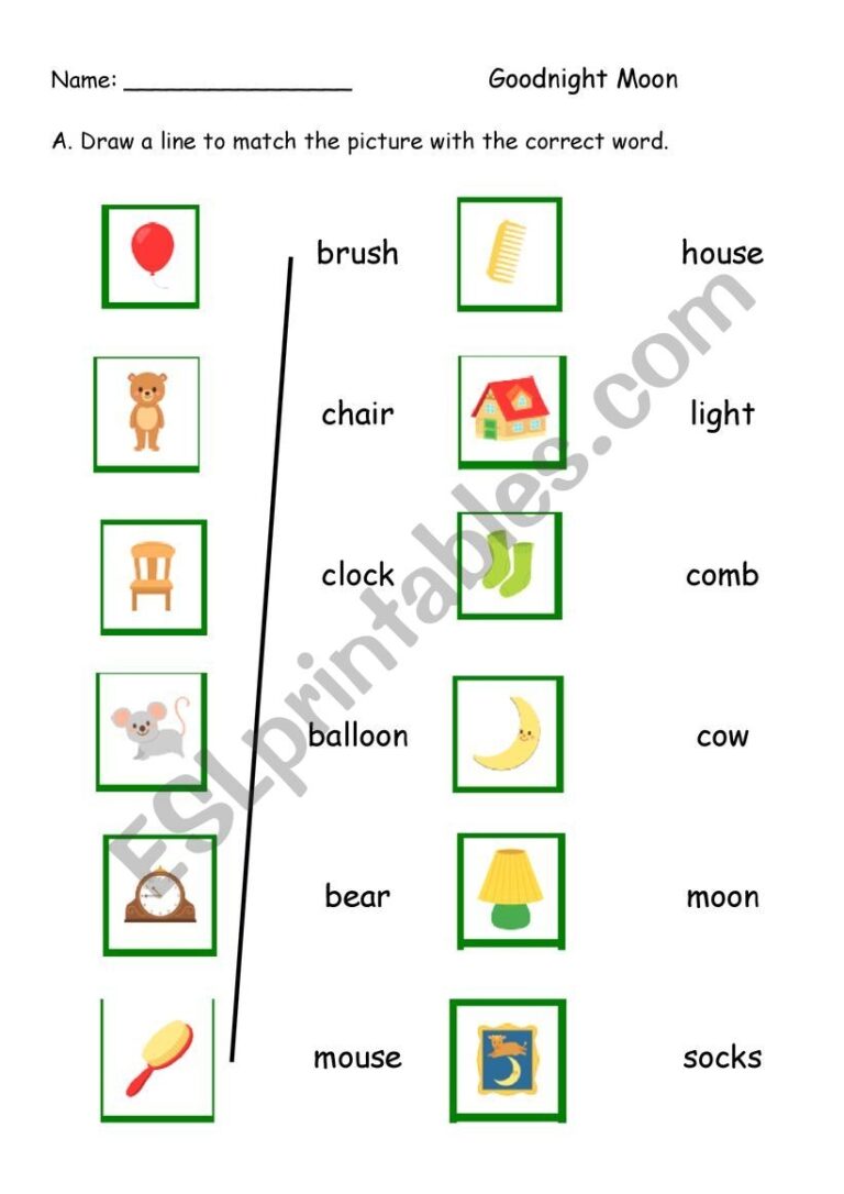 Goodnight Moon Matching Activity ESL Worksheet By Edgegirl