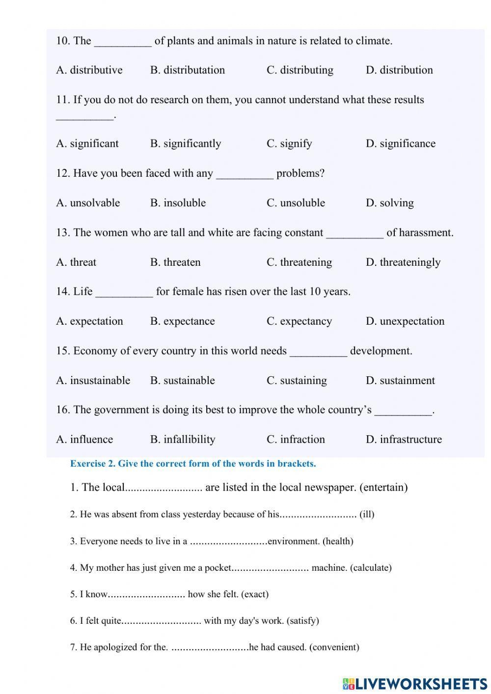 Grade 10 Exercises On Word Forms Worksheet Worksheets Library