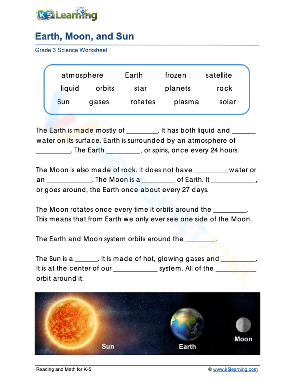 Grade 3 Science Moon Sun And Earth Worksheet