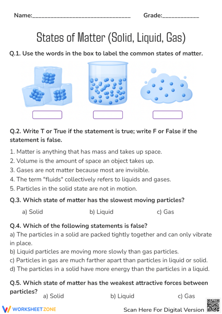 Grade 5 Solid Liquid Gas Worksheets Printable