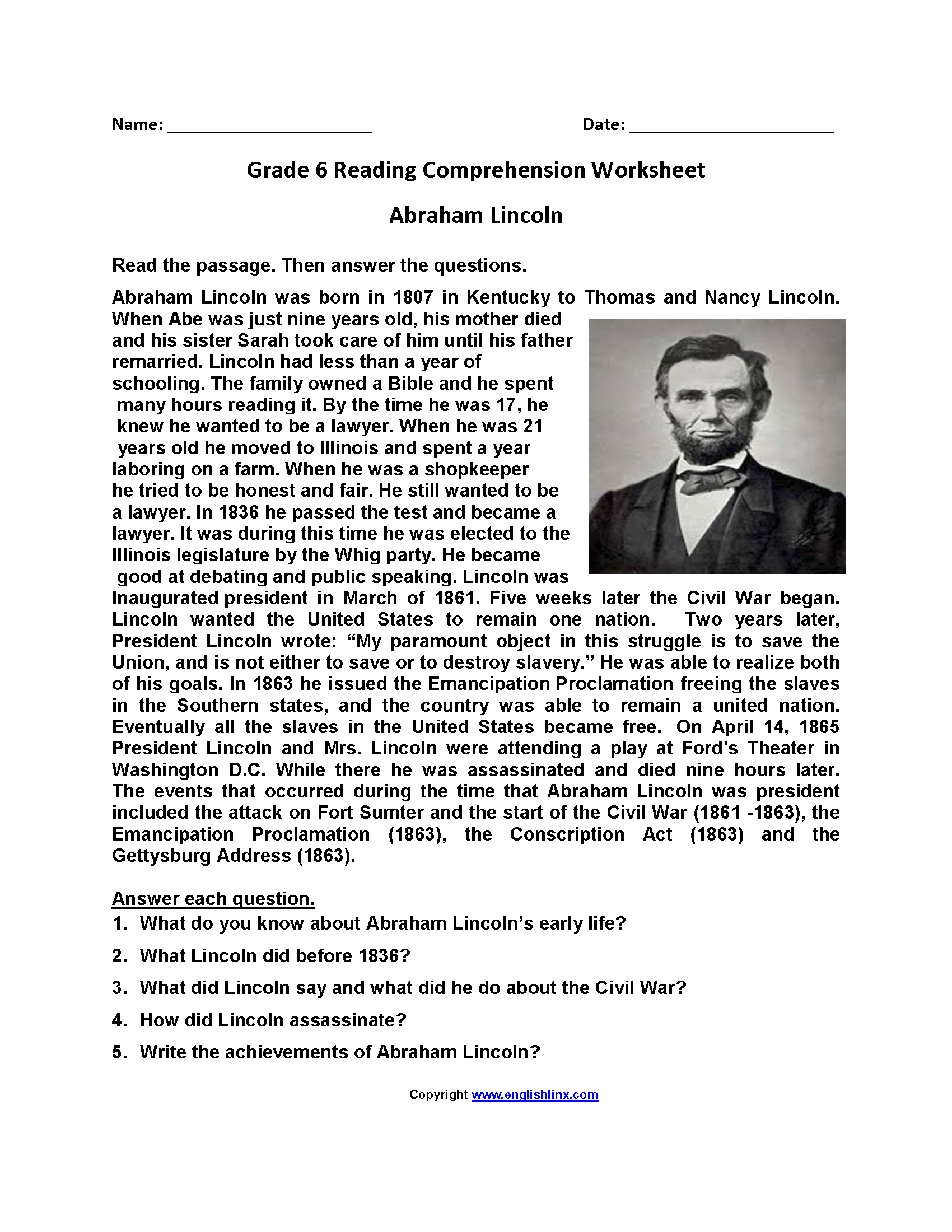 Grade 6 Reading Comprehension Free English Worksheets Grade 6 Reading Comprehension Free English Worksheets