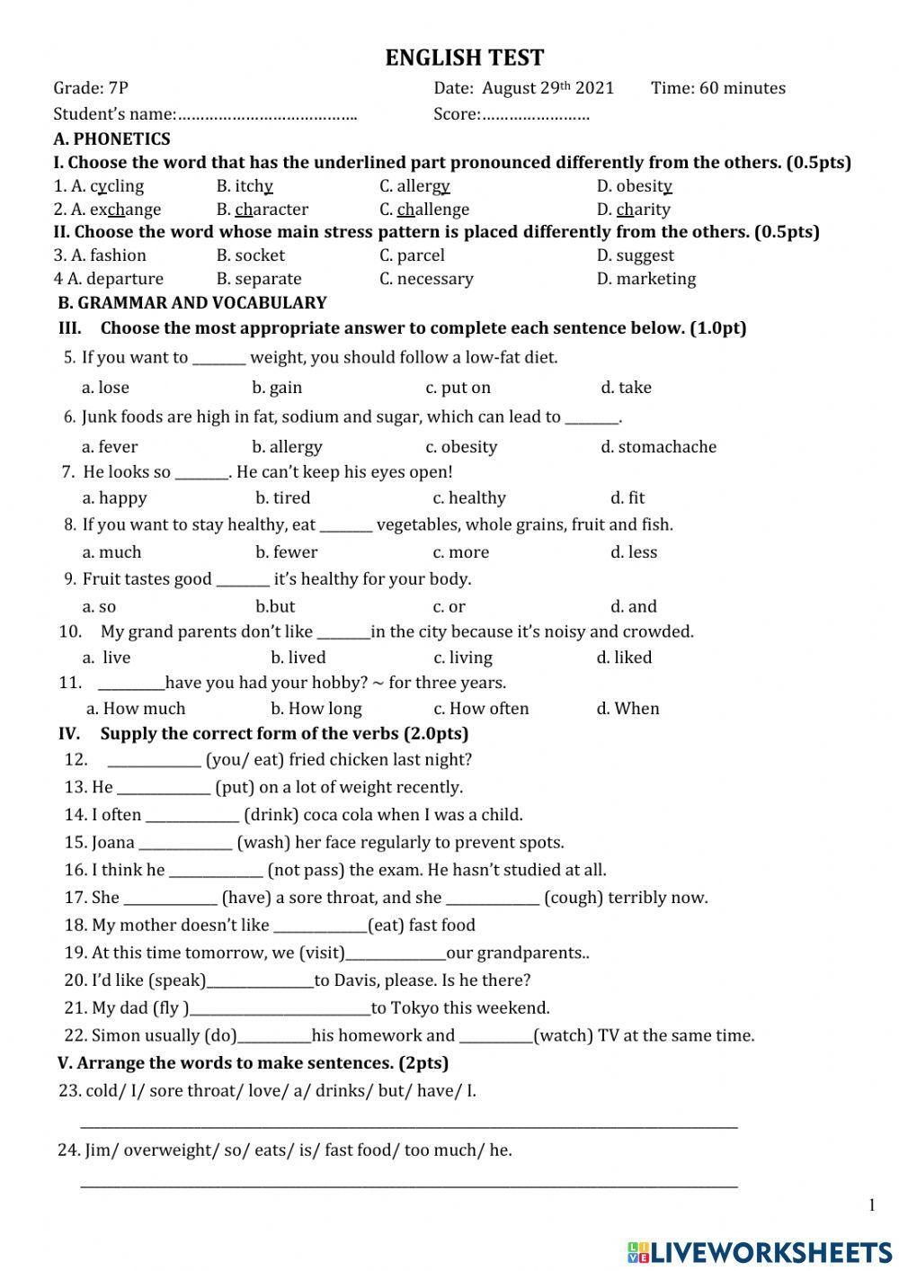 7th Grade English Free Printable Worksheets