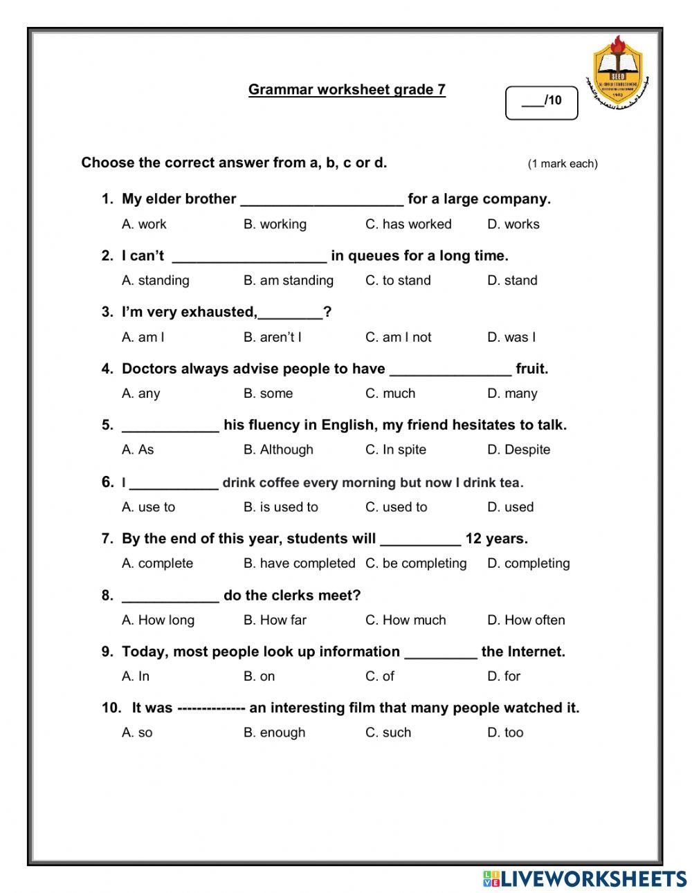 Grammar Worksheet Grade 7 Worksheet Worksheets Library Grammar Worksheet Grade 7 Worksheet Worksheets Library