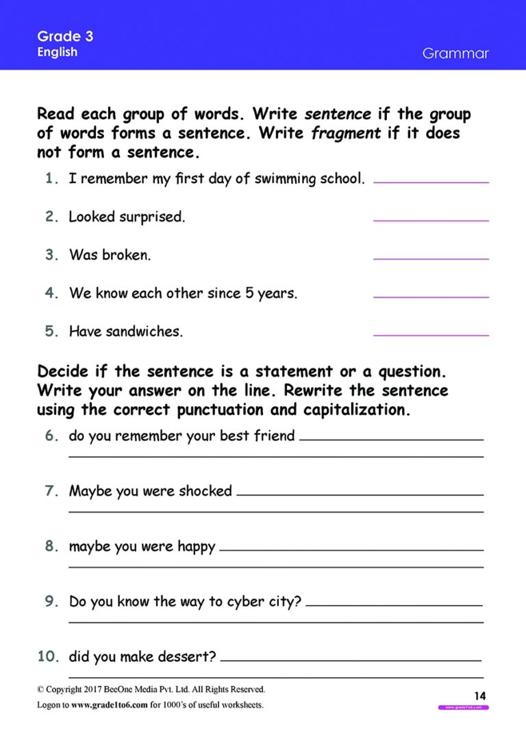 Grammar Worksheets Free For Grade 3 CBSE ICSE