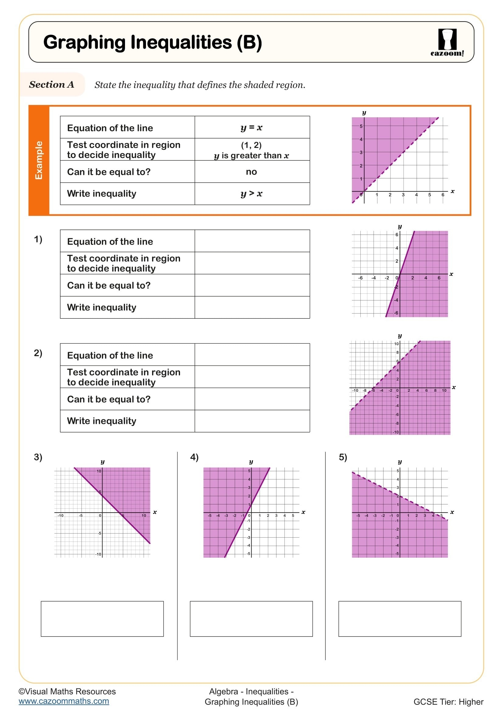 Graphing Inequalities B Worksheet Printable PDF Year 10 And Year 11 Algebra Worksheet