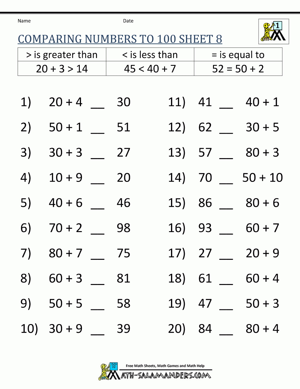 Greater Than Less Than Worksheet Comparing Numbers To 100 Greater Than Less Than Worksheet Comparing Numbers To 100