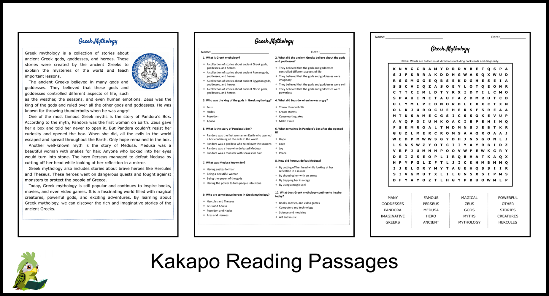 Greek Mythology Reading Comprehension And Word Search Teaching 