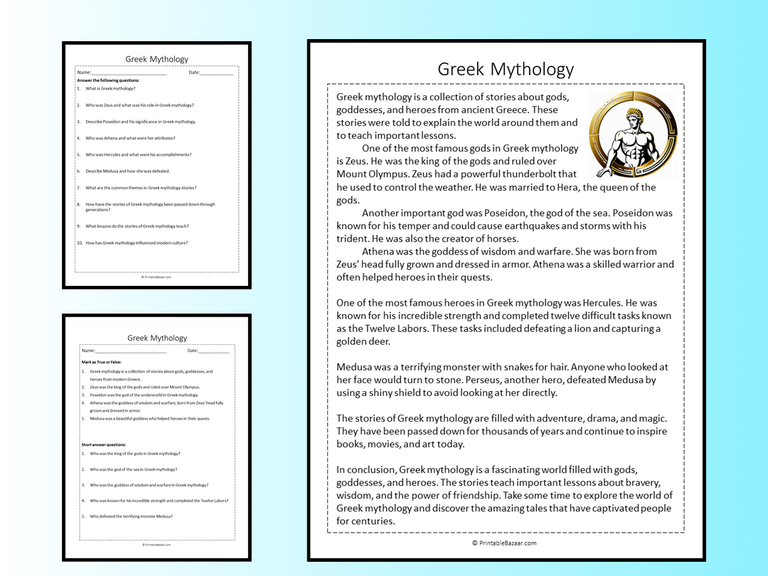 Greek Mythology Reading Comprehension Passage Printable Worksheet 