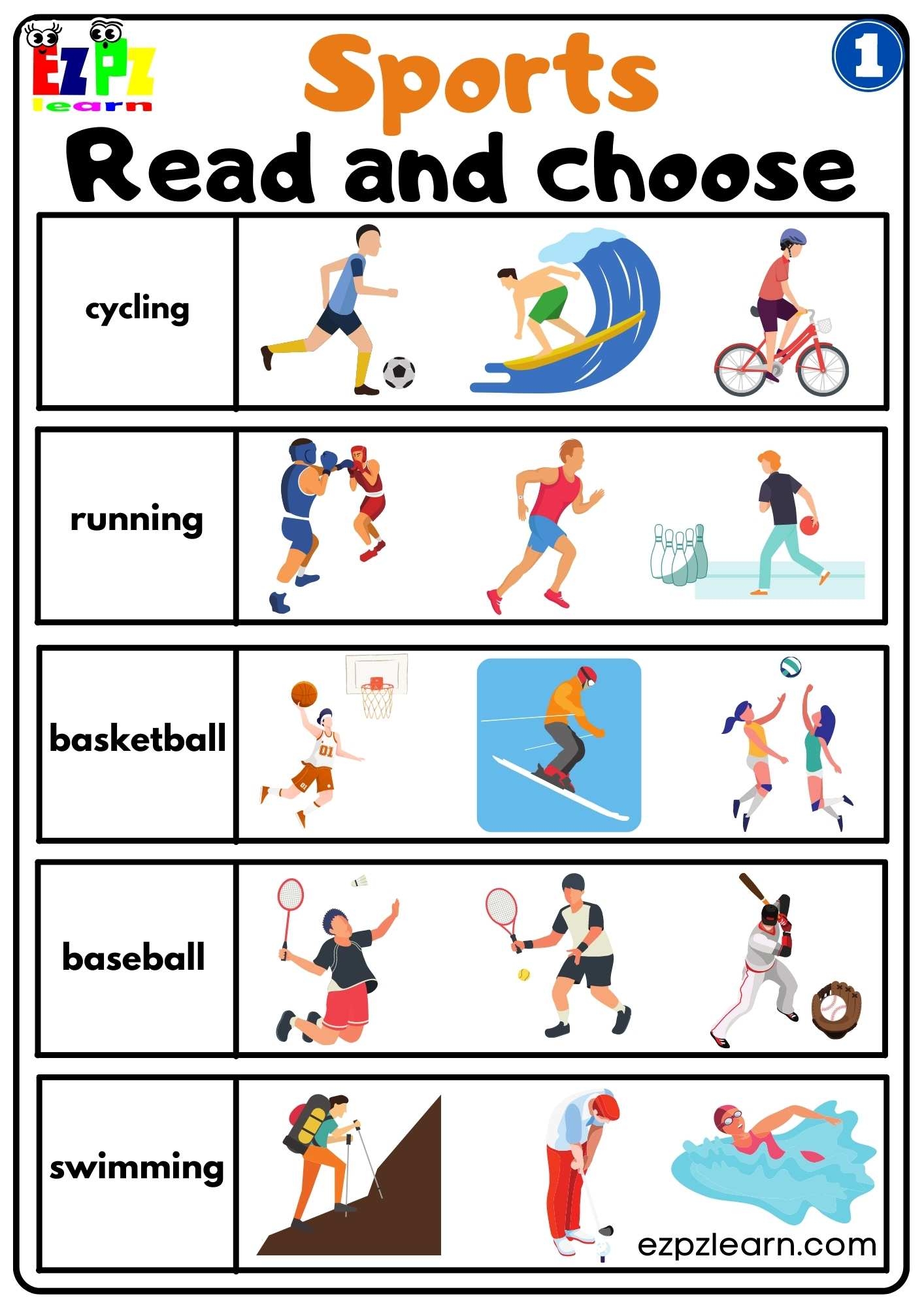 Group 1 Sports Read And Choose Worksheet For K5 Kids And ESL Students Free PDF Download Ezpzlearn