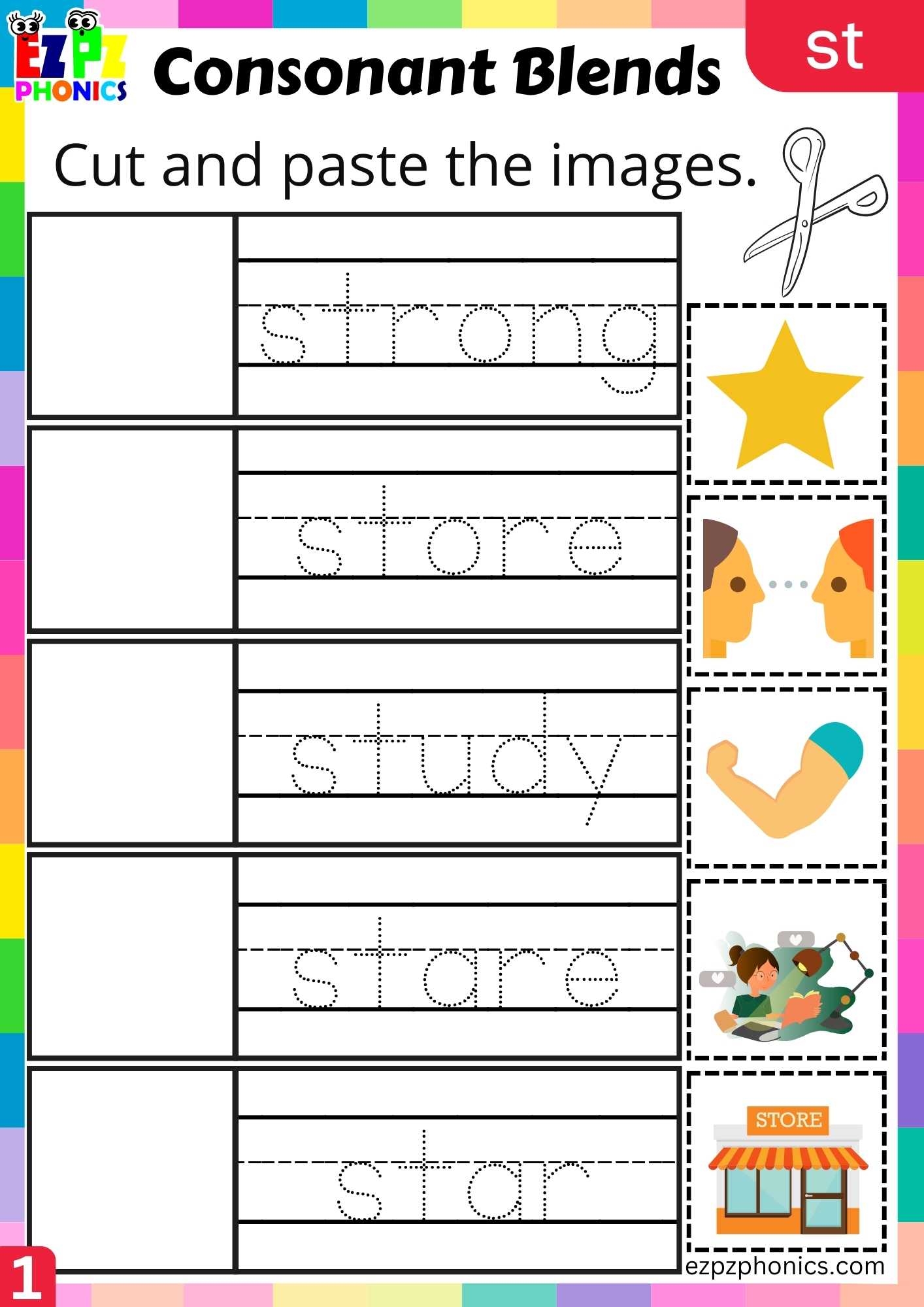 Group1 ST Words Cut And Paste The Images Phonics Consonant Blends Worksheet Ezpzphonics