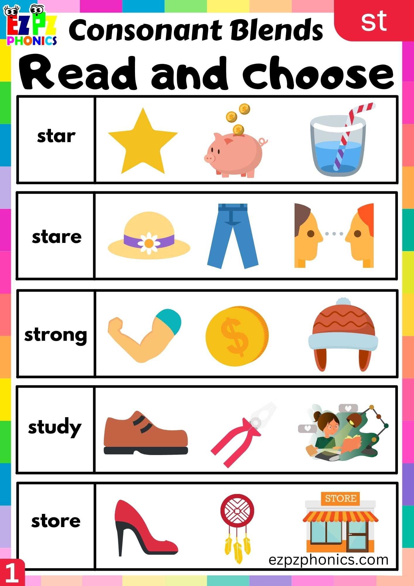 Group1 ST Words Read And Choose Phonics Consonant Blends Worksheet Ezpzphonics