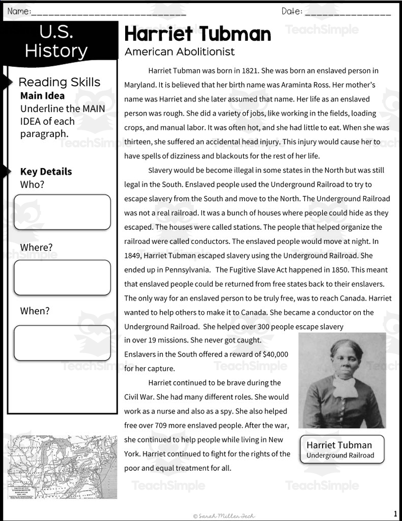 Harriet Tubman Reading Packet By Teach Simple