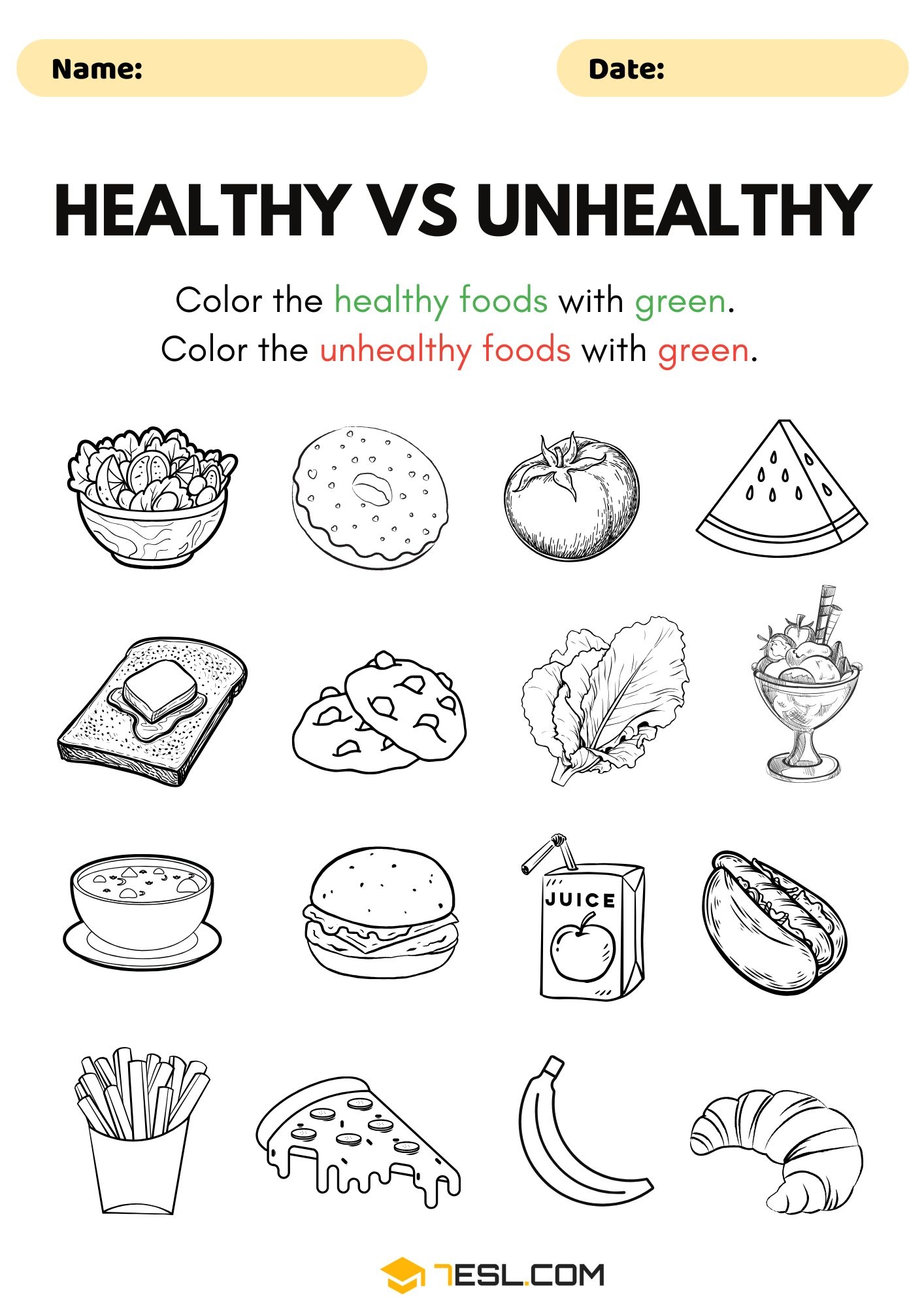 Healthy And Unhealthy Food Vocabulary Worksheets 7ESL