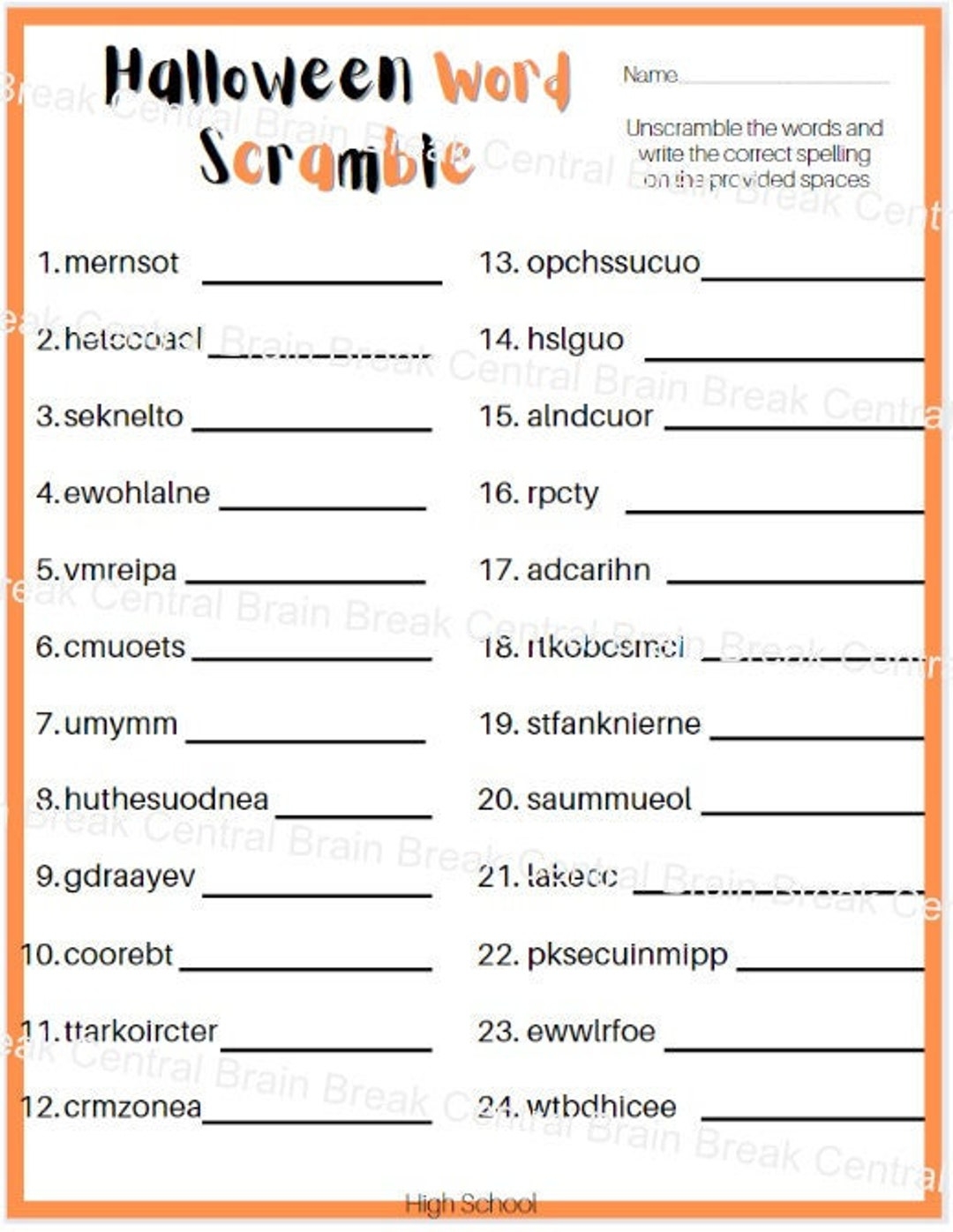 High School Halloween Word Scramble Worksheet With Answer Key Printable Etsy Australia