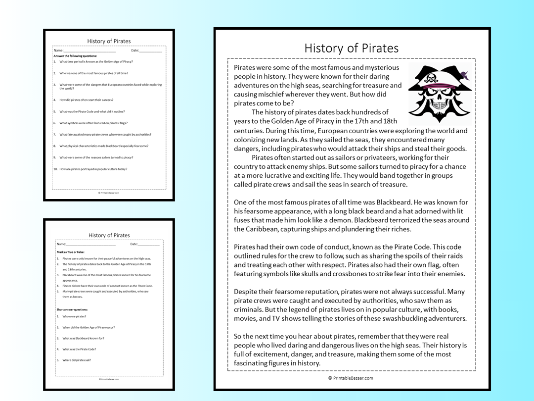 History Of Pirates Reading Comprehension Passage Printable Worksheet Teaching Resources