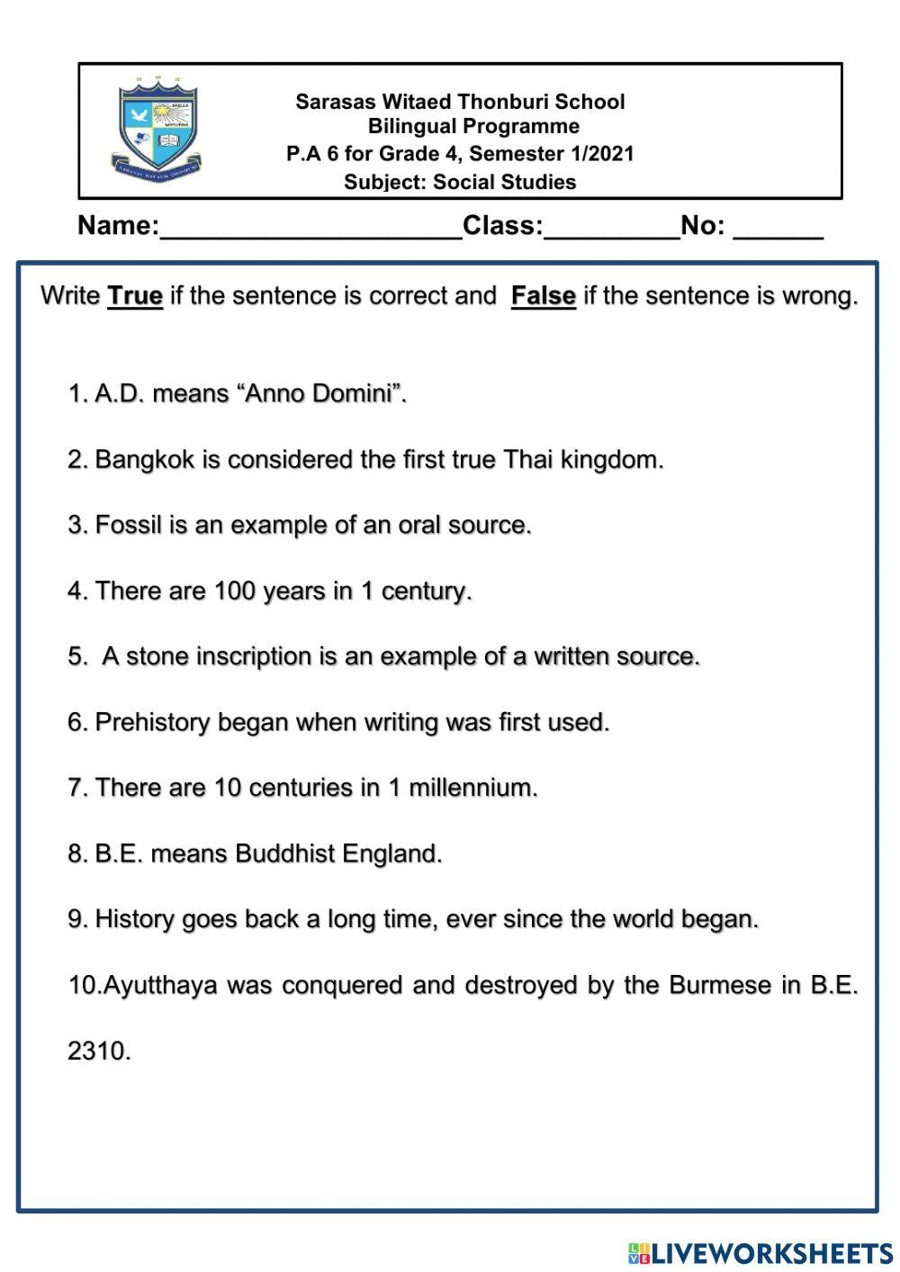 History Online Exercise For Grade 4 Live Worksheets Worksheets Library