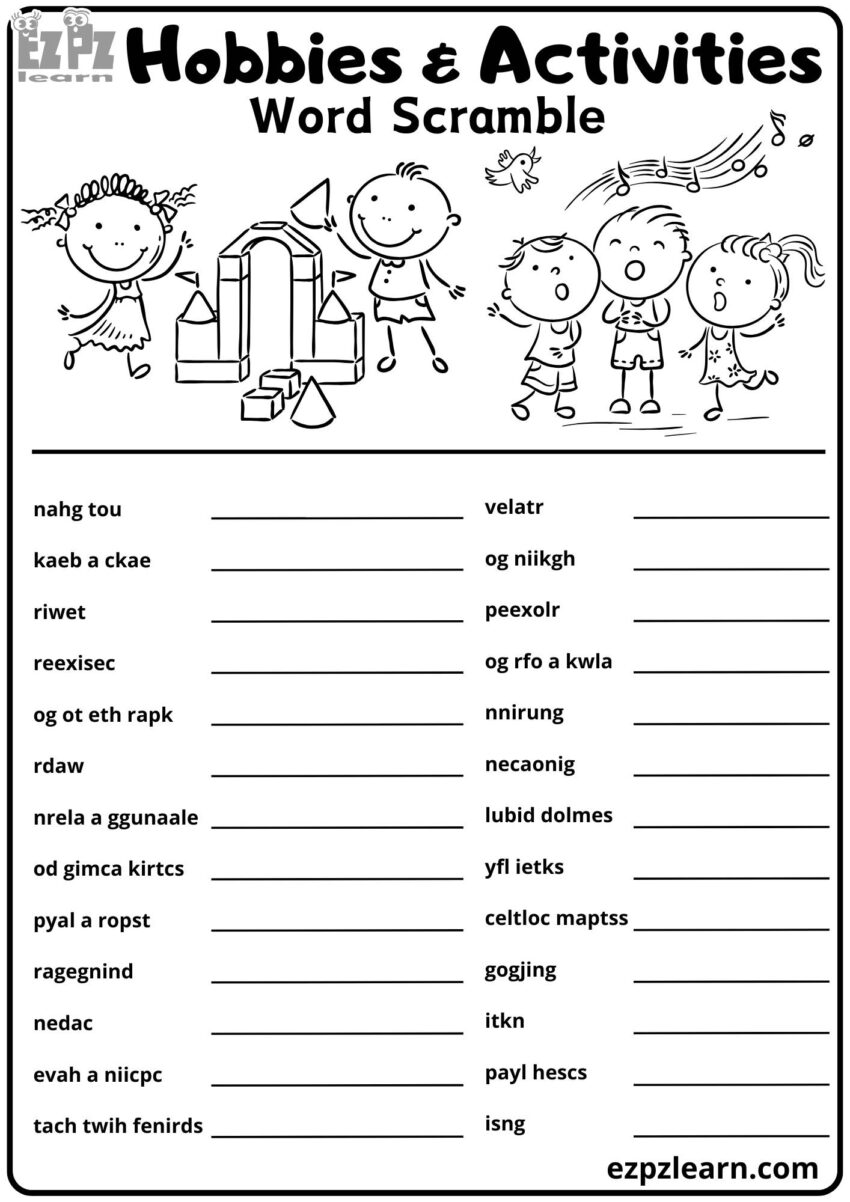 Hobbies And Free Time Activities Word Scramble Activity For Kids 26 Words Free Printable PDF Ezpzlearn