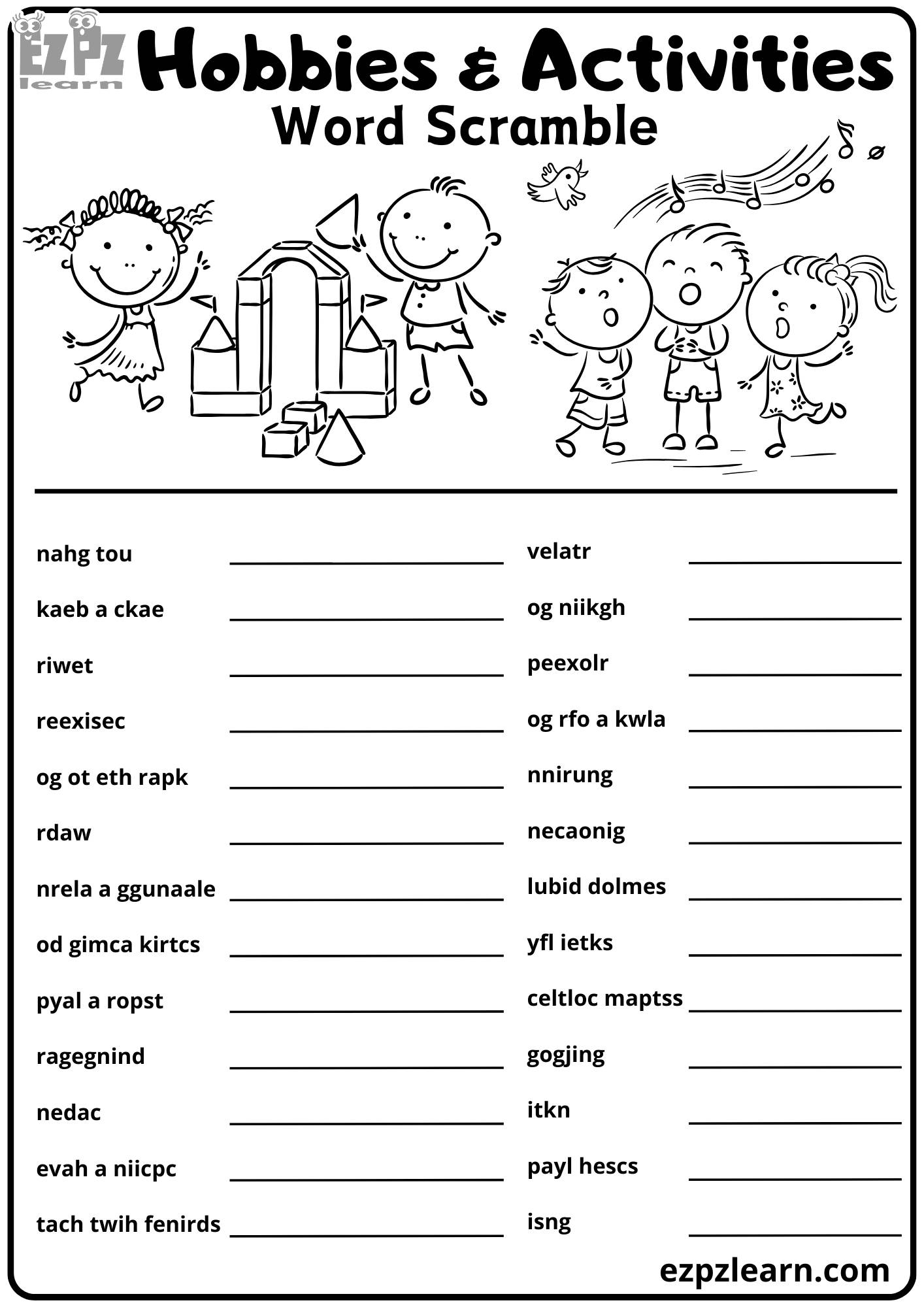 Hobbies And Free Time Activities Word Scramble Activity For Kids 26 Words Free Printable PDF Ezpzlearn